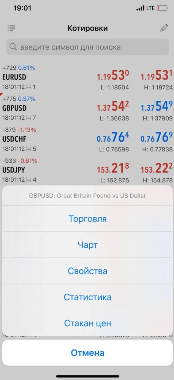 Раздел Котировки в MetaTrader 5 и открытое меню инструмента GBPUSD