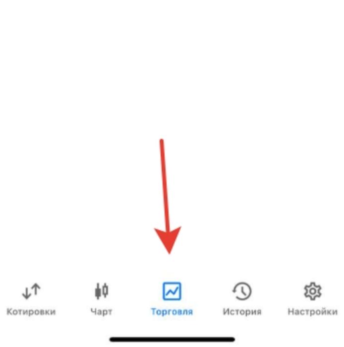 Нижняя панель MetaTrader 5, стрелка указывает на раздел Торговля