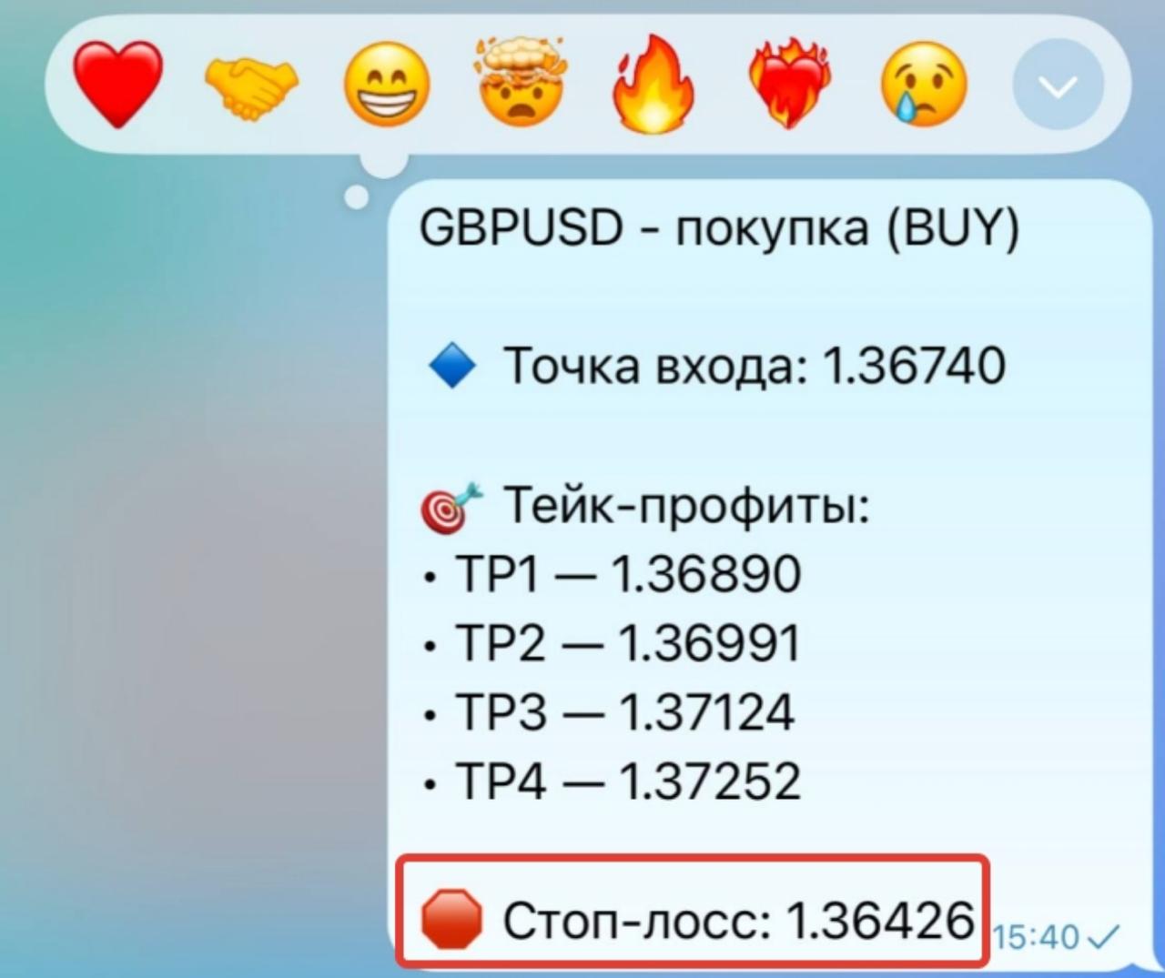 В сигнале выделен стоп-лосс 1.36426
